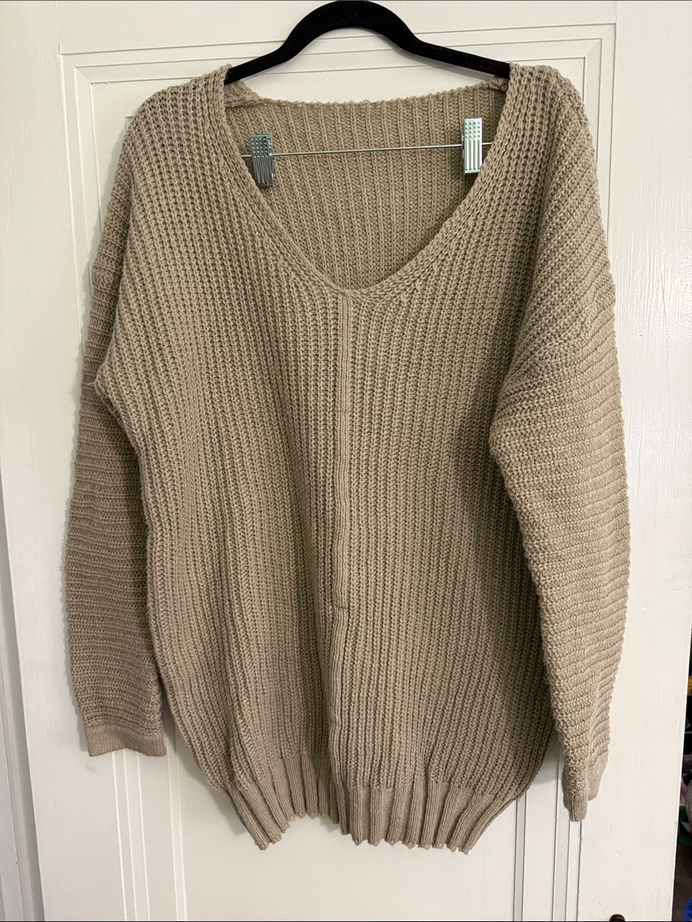 Beige V-Neck Chunky Knit Sweater - Women's Cozy Pullover